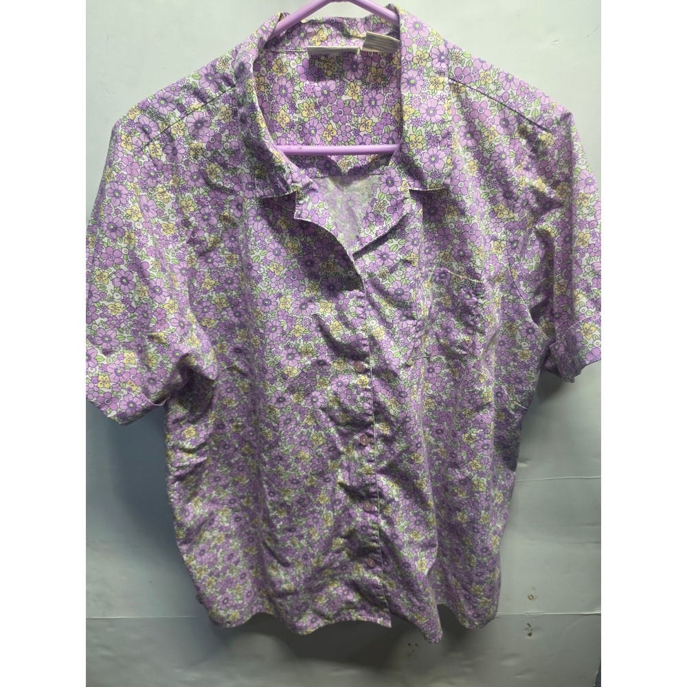 Basic Editions Womens 22W Purple Floral Short Sleeve Button Down Shirt Pocket